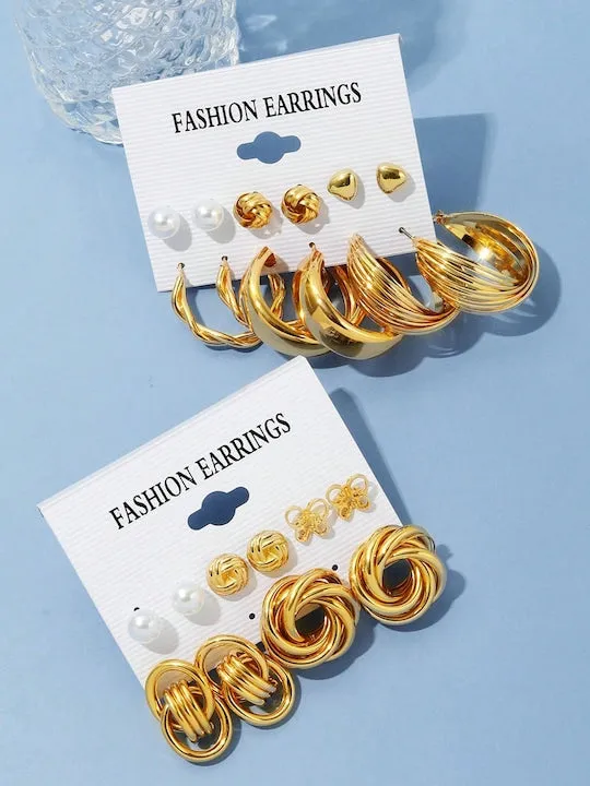 Set Of 11 Gold-Plated Contemporary Stud And hoop Earrings