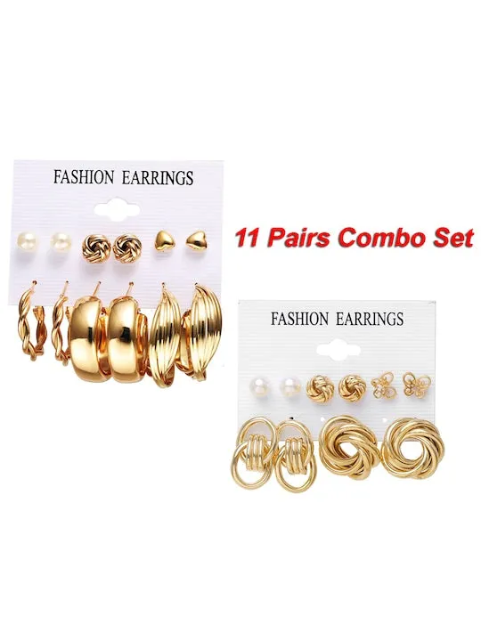 Set Of 11 Gold-Plated Contemporary Stud And hoop Earrings