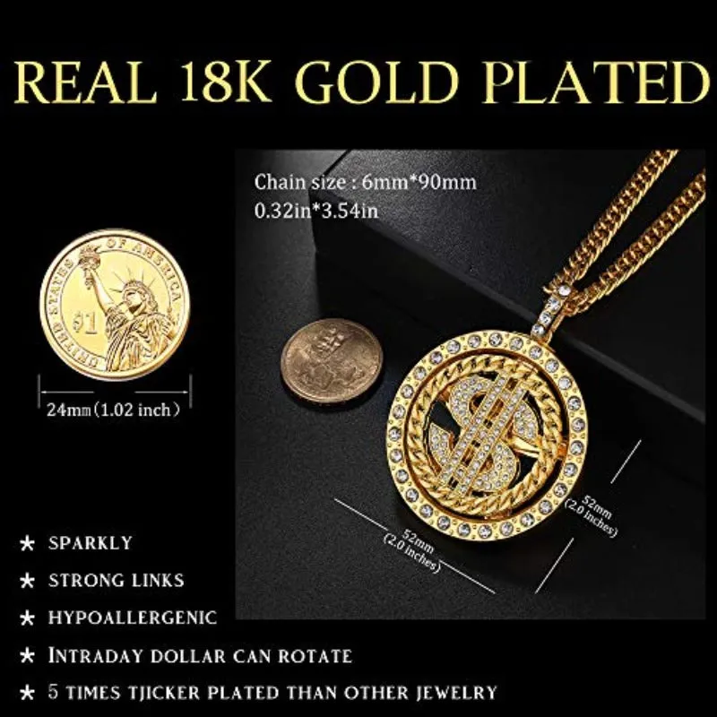 Set of 2. 18K Gold Plated Chain Pendant Necklace Old School Hip Hop Dollar Sign Necklace