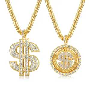Set of 2. 18K Gold Plated Chain Pendant Necklace Old School Hip Hop Dollar Sign Necklace