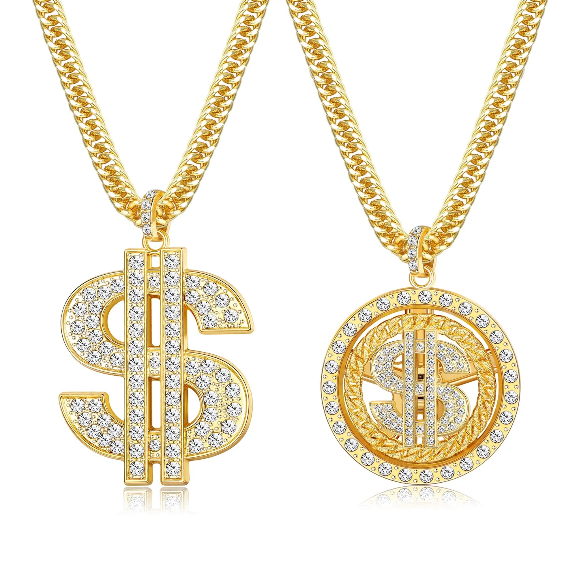Set of 2. 18K Gold Plated Chain Pendant Necklace Old School Hip Hop Dollar Sign Necklace