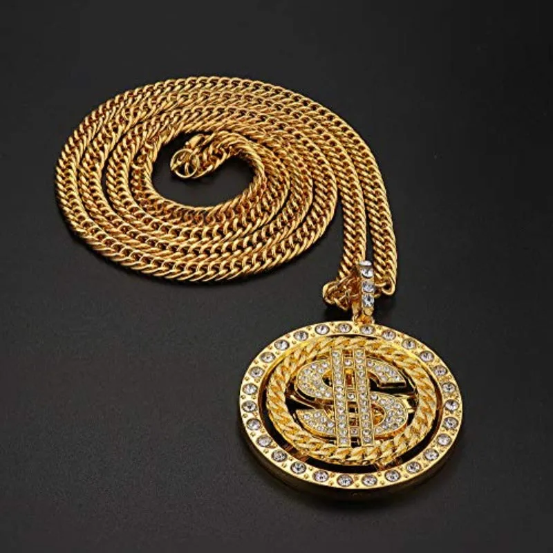 Set of 2. 18K Gold Plated Chain Pendant Necklace Old School Hip Hop Dollar Sign Necklace