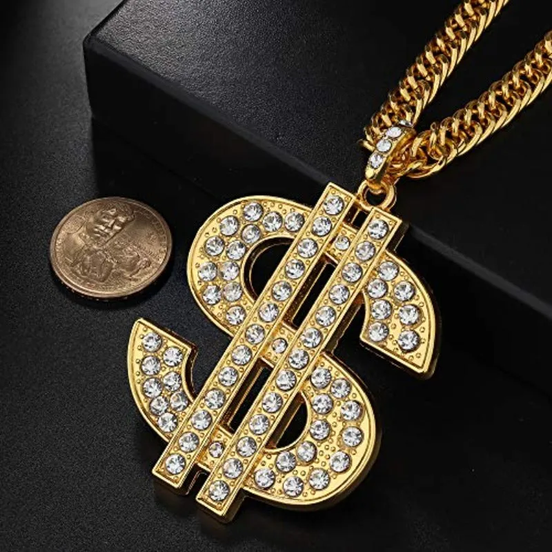 Set of 2. 18K Gold Plated Chain Pendant Necklace Old School Hip Hop Dollar Sign Necklace