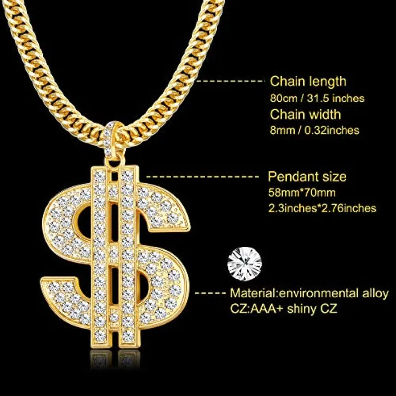 Set of 2. 18K Gold Plated Chain Pendant Necklace Old School Hip Hop Dollar Sign Necklace