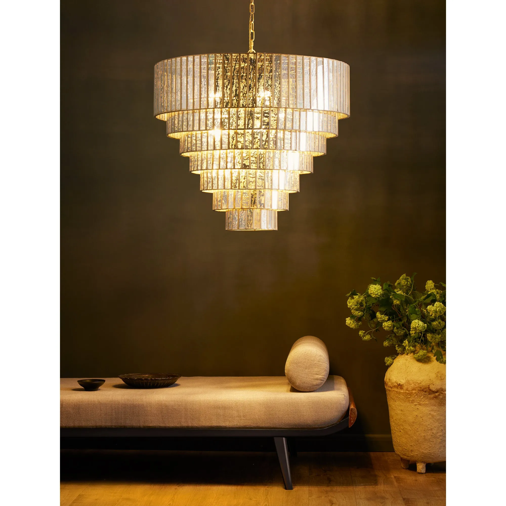 Seven tiered Galactica chandelier in mercurised glass