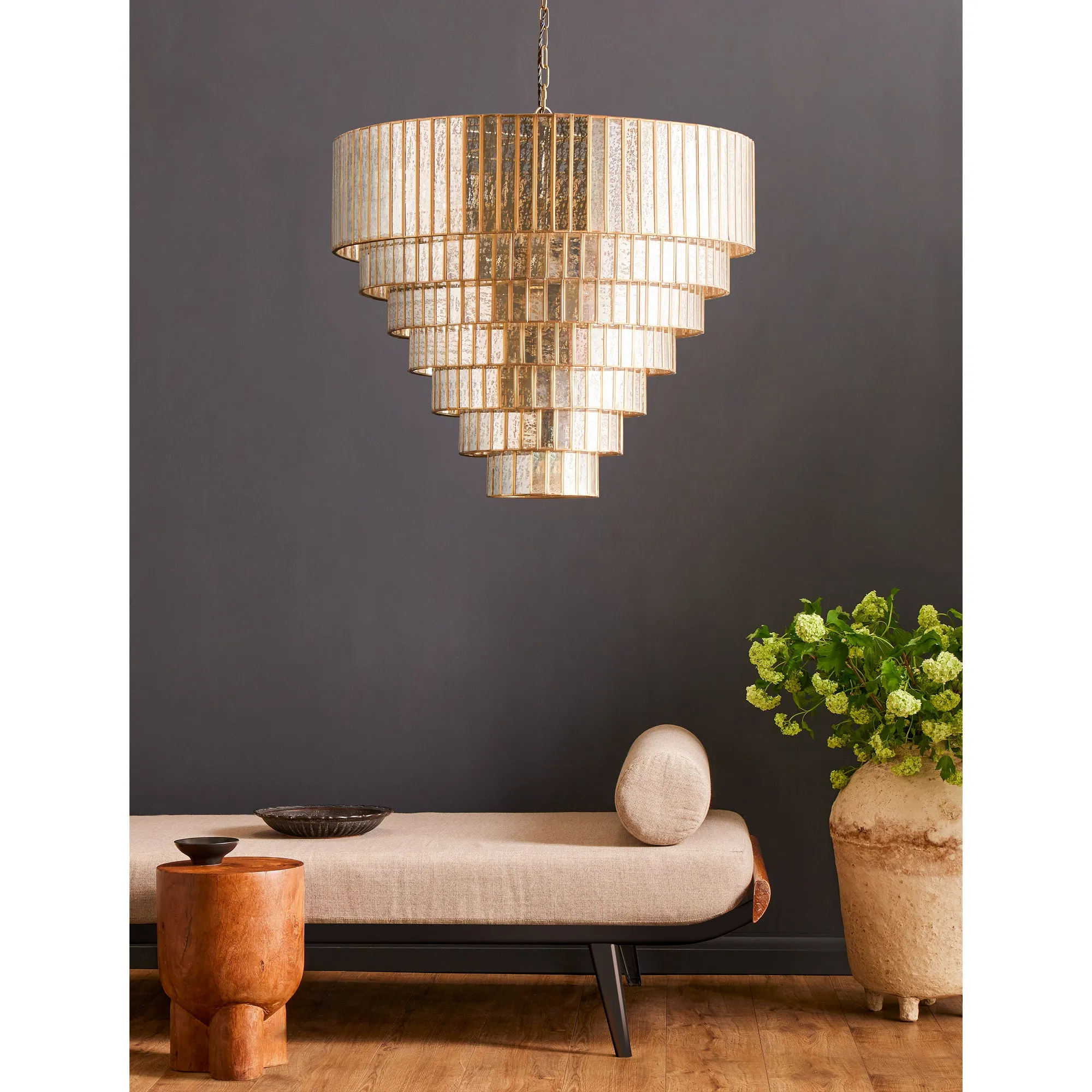 Seven tiered Galactica chandelier in mercurised glass