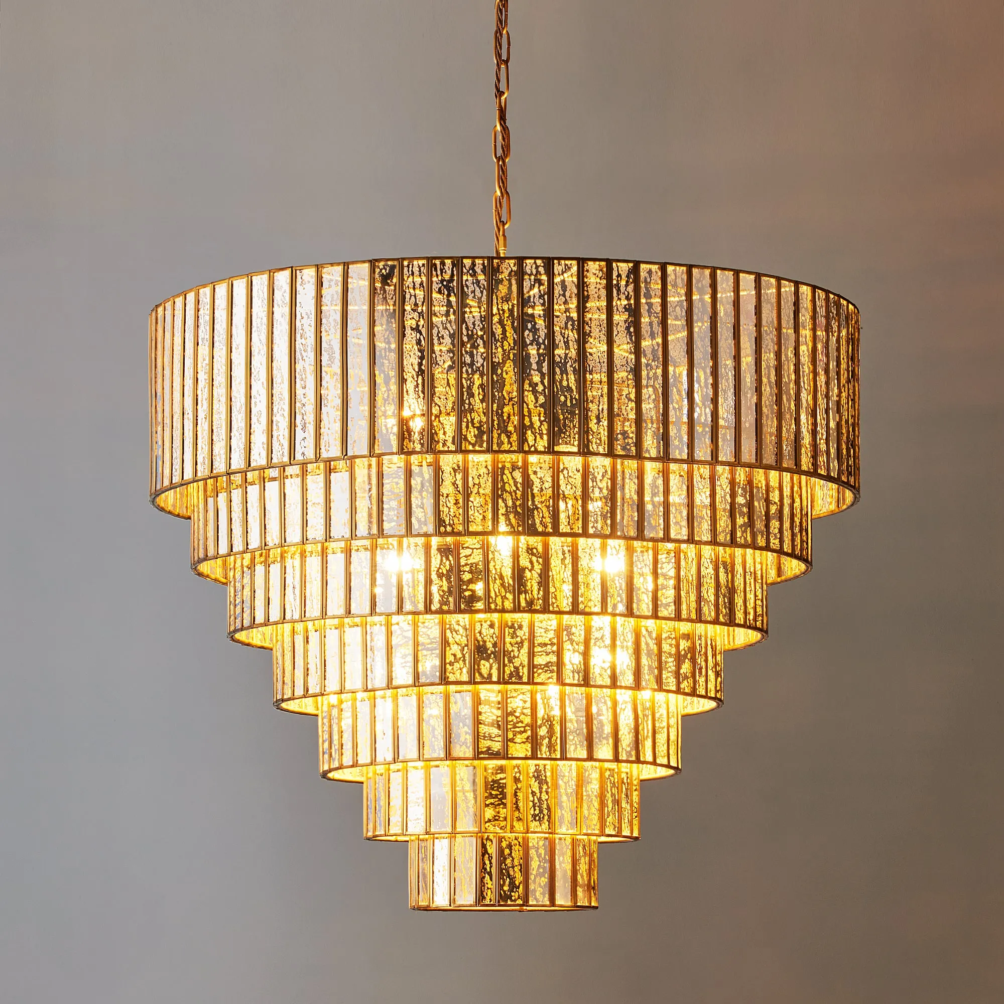 Seven tiered Galactica chandelier in mercurised glass