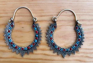 Silver Moon Hoop Earrings- Tribal Gypsy Boho Earrings. Crescent Hoop earrings. Afghan Tribal- Kuchi Earrings. Bohemian Jewelry