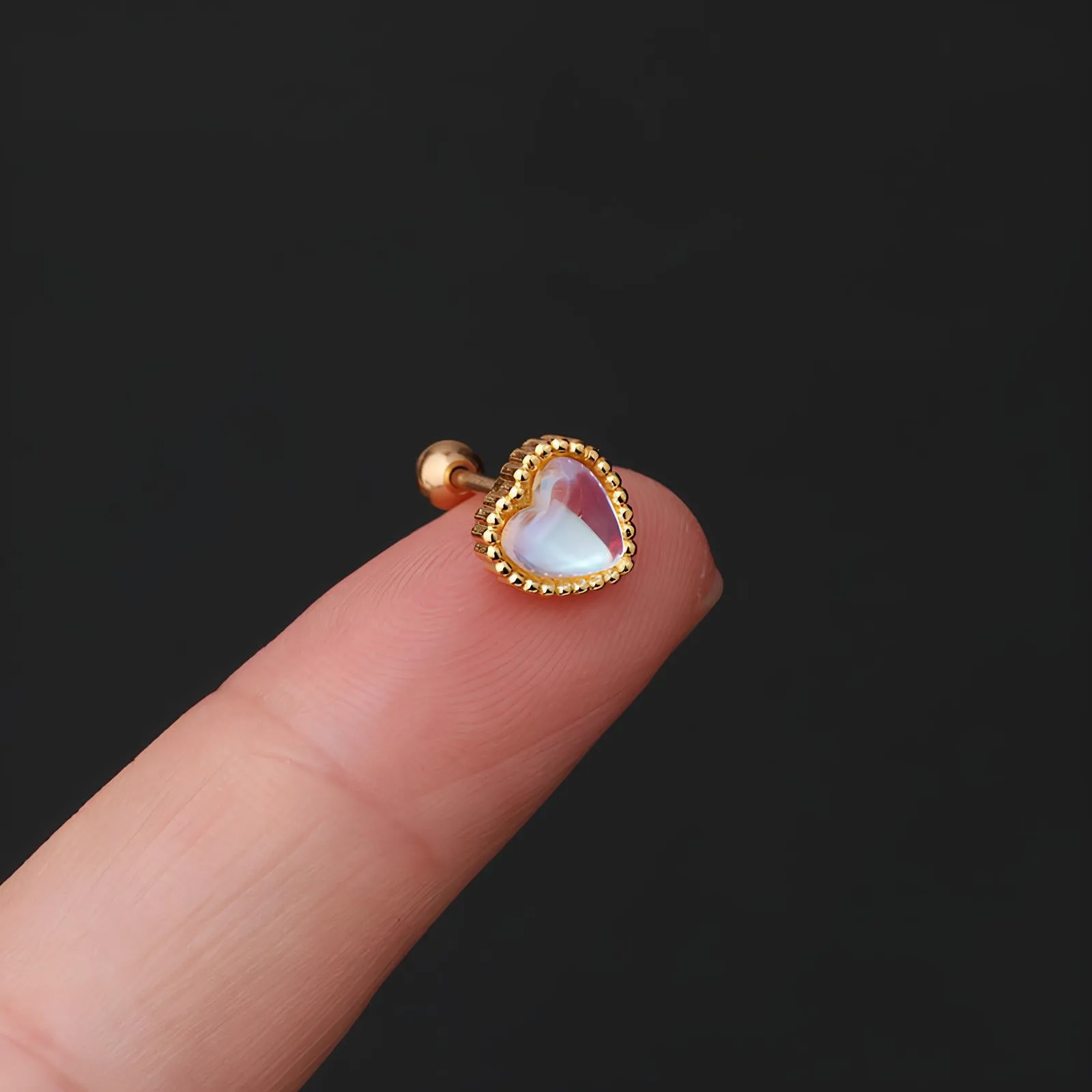 Simple Round & Peach Heart Moonstone Ear Bone Stud  Stainless Steel