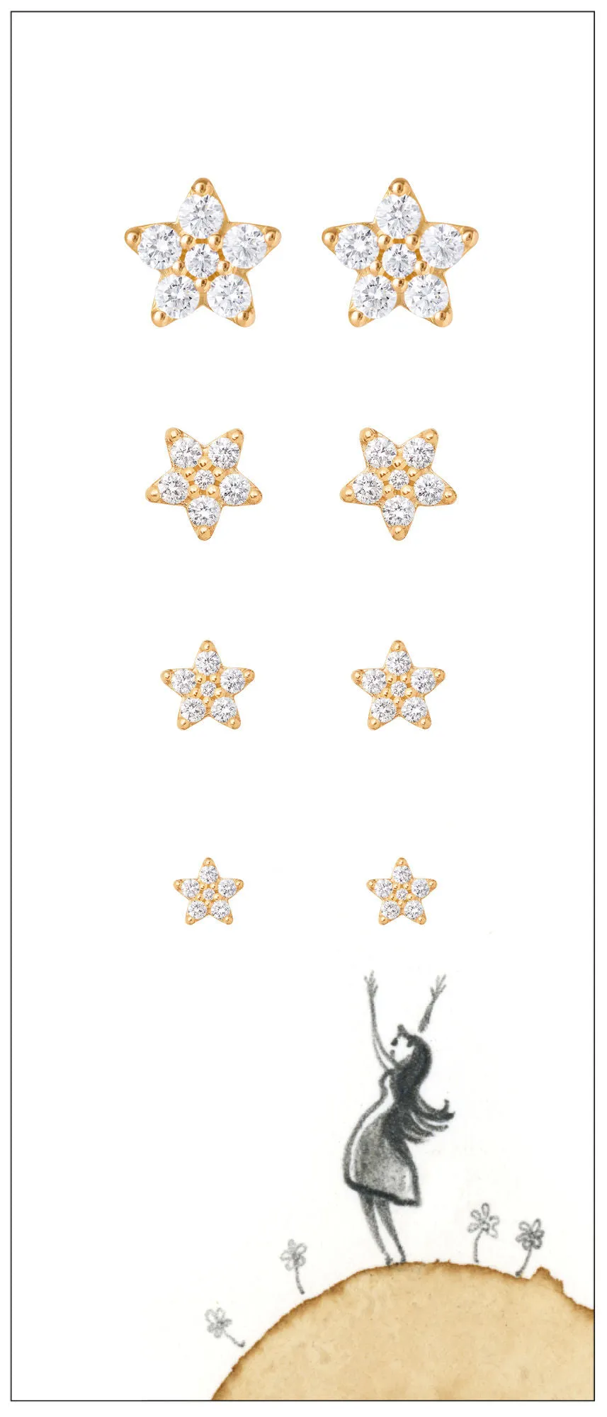Small Shooting Stars 18K Gold Earrings w. Diamonds