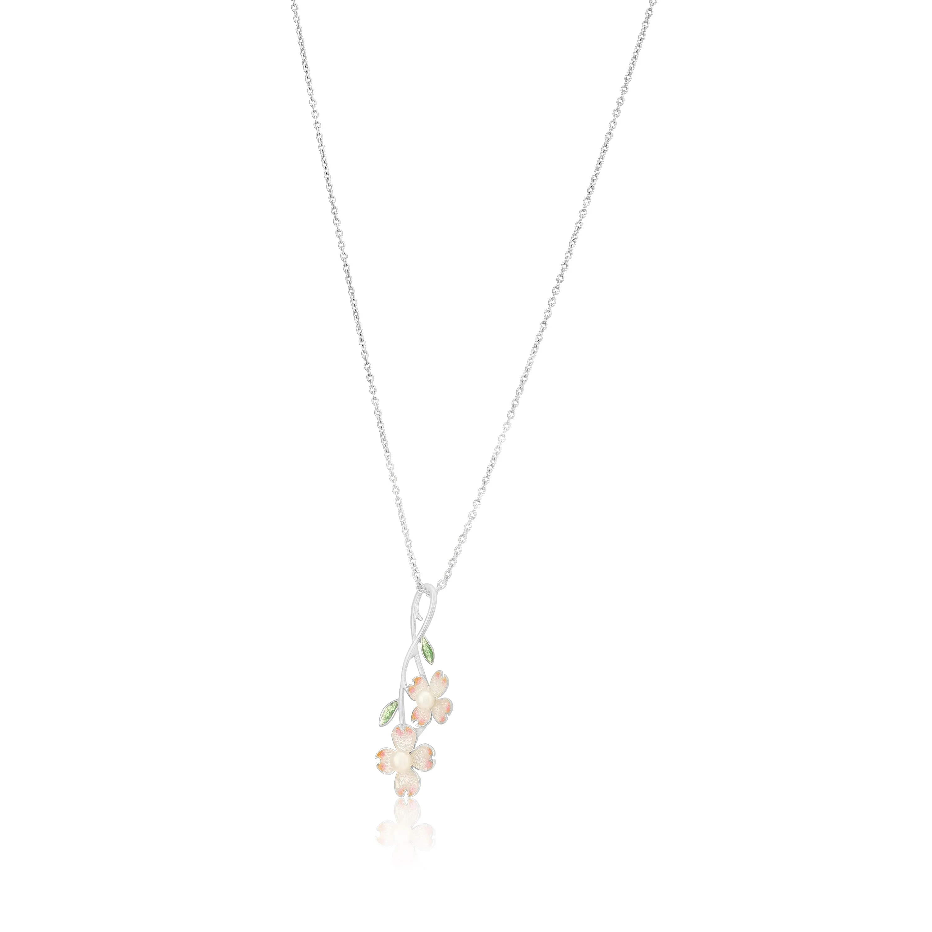 Soft Pink Bloom Leaf Detailing 925 Pearl Enamel Chain Pendants