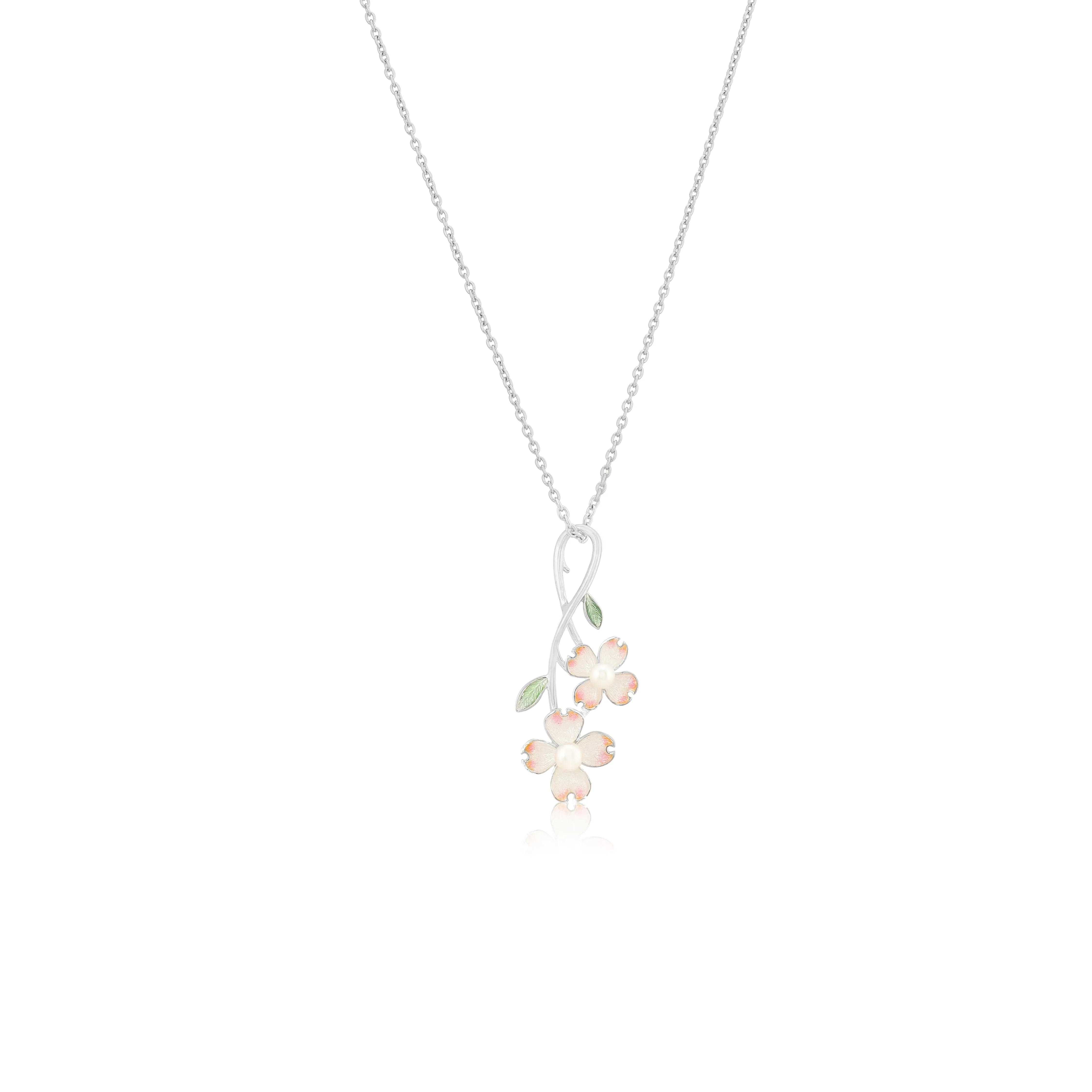Soft Pink Bloom Leaf Detailing 925 Pearl Enamel Chain Pendants