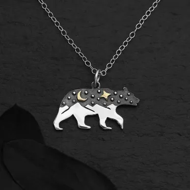 Sterling Silver 18 Inch Bear Charm Necklace with Bronze Moon