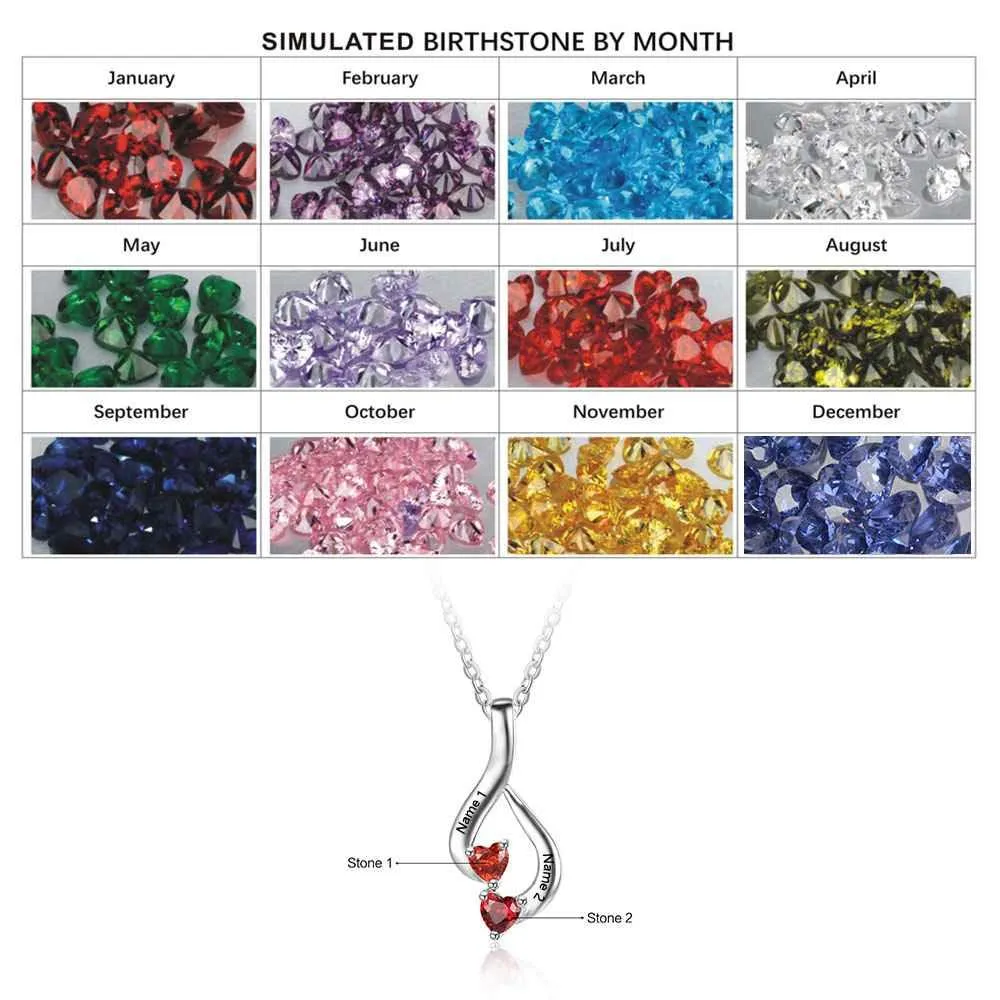 Sterling Silver 2 Birthstone Necklace Pendants Mom Girlfriend  Birthday Christmas Gift