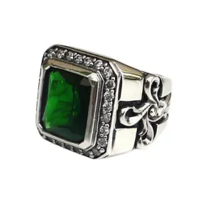 Sterling Silver Tribal Cross Emerald Mens Ring