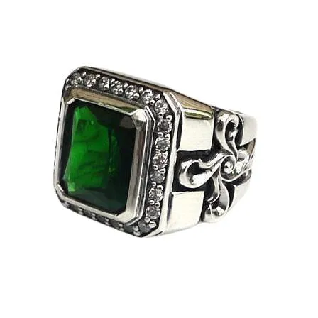 Sterling Silver Tribal Cross Emerald Mens Ring