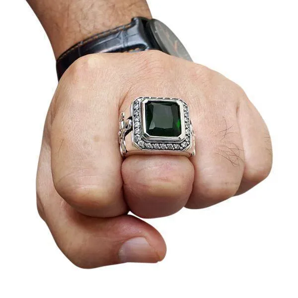 Sterling Silver Tribal Cross Emerald Mens Ring