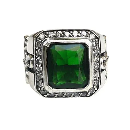 Sterling Silver Tribal Cross Emerald Mens Ring