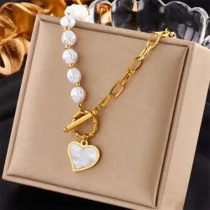 Trendy Heart Shape Gold Titanium Steel Women's Pearl Necklace