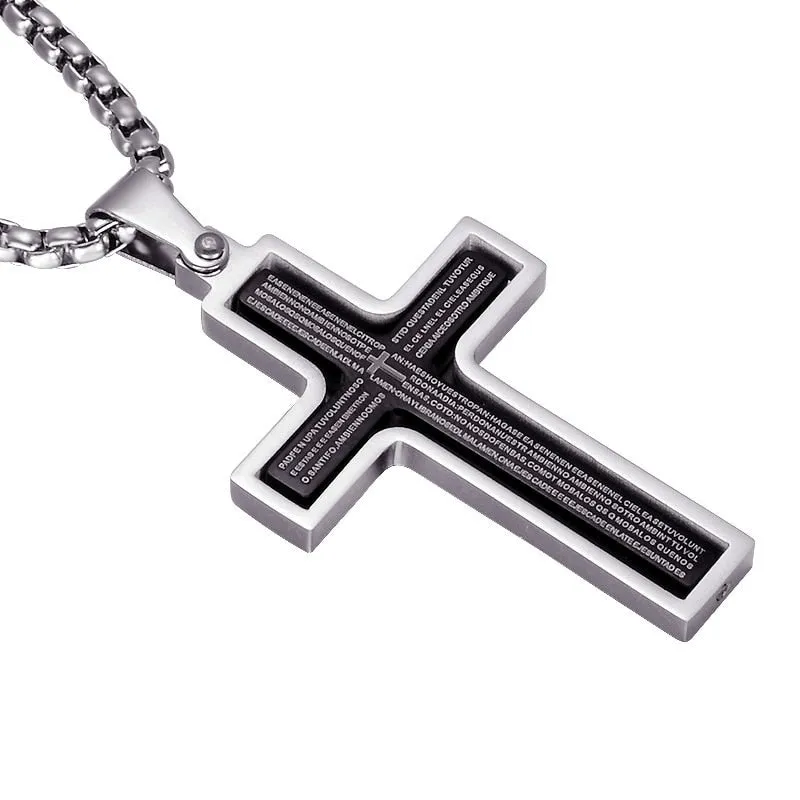 Two Tone Gold & Silver Lord's Prayer Cross Rotating Pendant Necklace