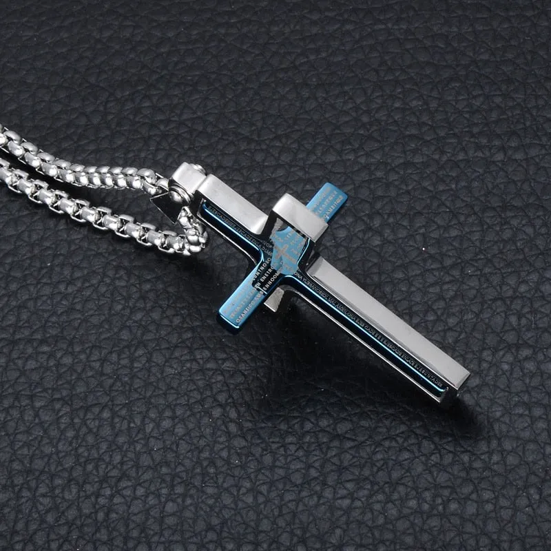 Two Tone Gold & Silver Lord's Prayer Cross Rotating Pendant Necklace