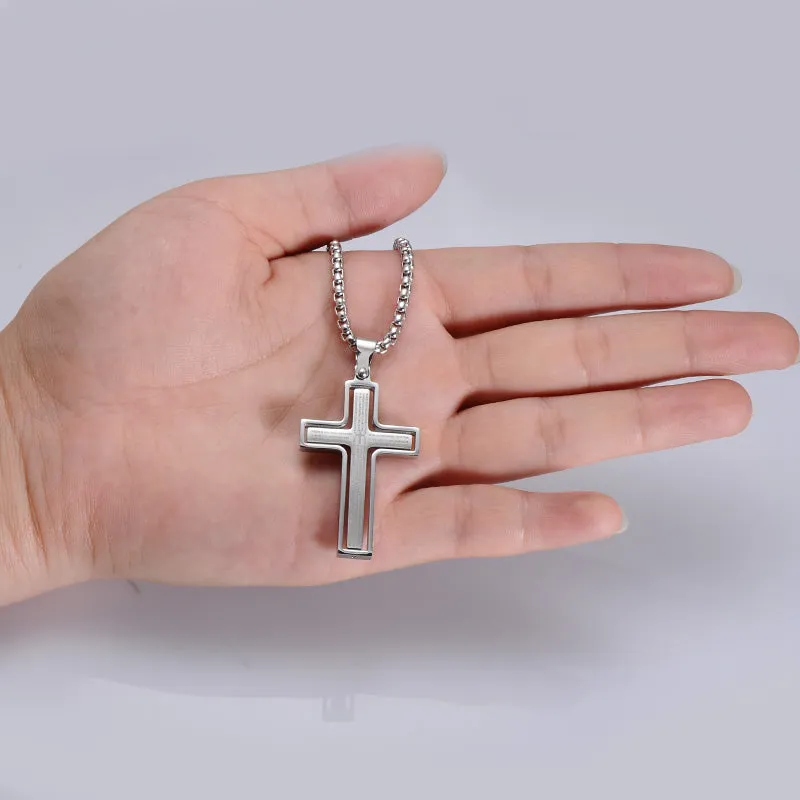 Two Tone Gold & Silver Lord's Prayer Cross Rotating Pendant Necklace