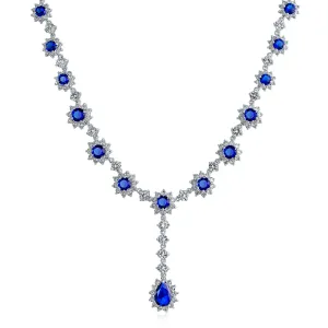 Vintage Bridal Necklace with Royal Blue Simulated Sapphire and CZ Halo Design