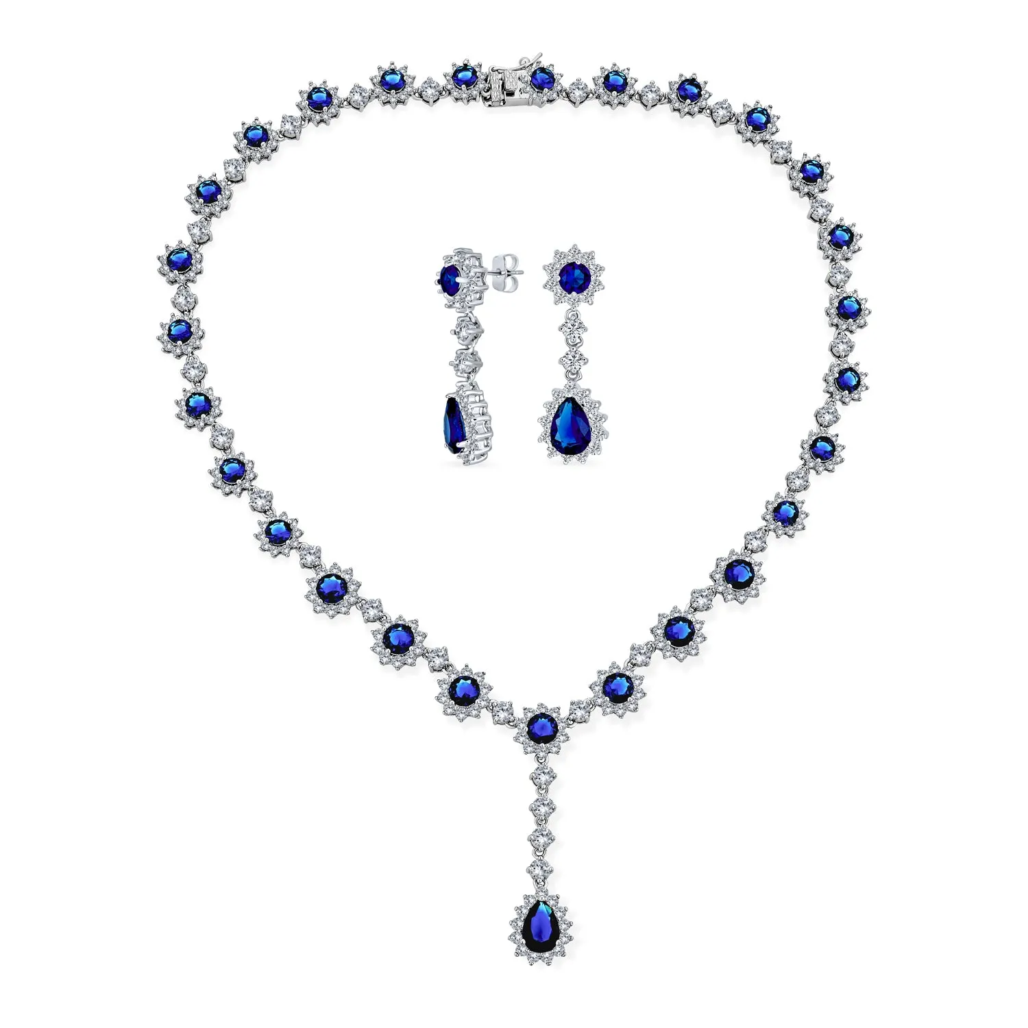 Vintage Bridal Necklace with Royal Blue Simulated Sapphire and CZ Halo Design