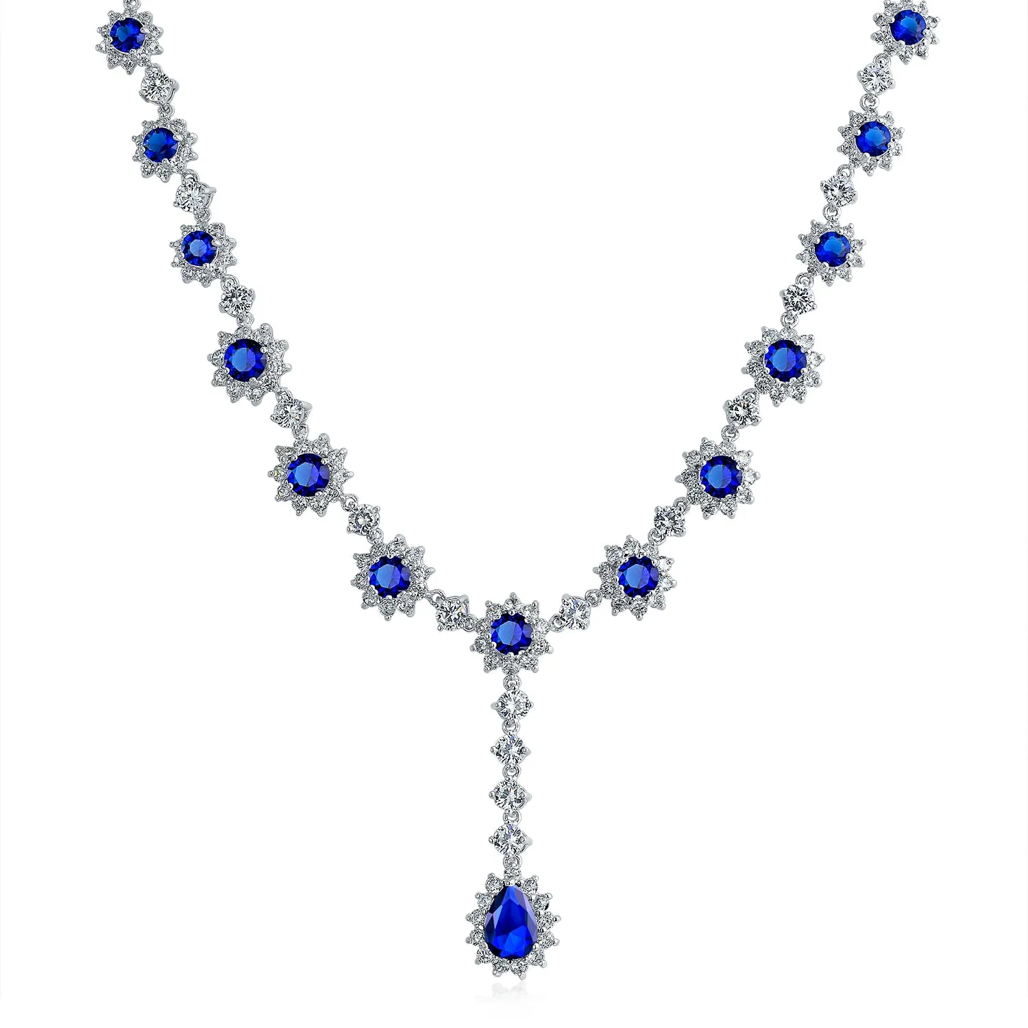 Vintage Bridal Necklace with Royal Blue Simulated Sapphire and CZ Halo Design