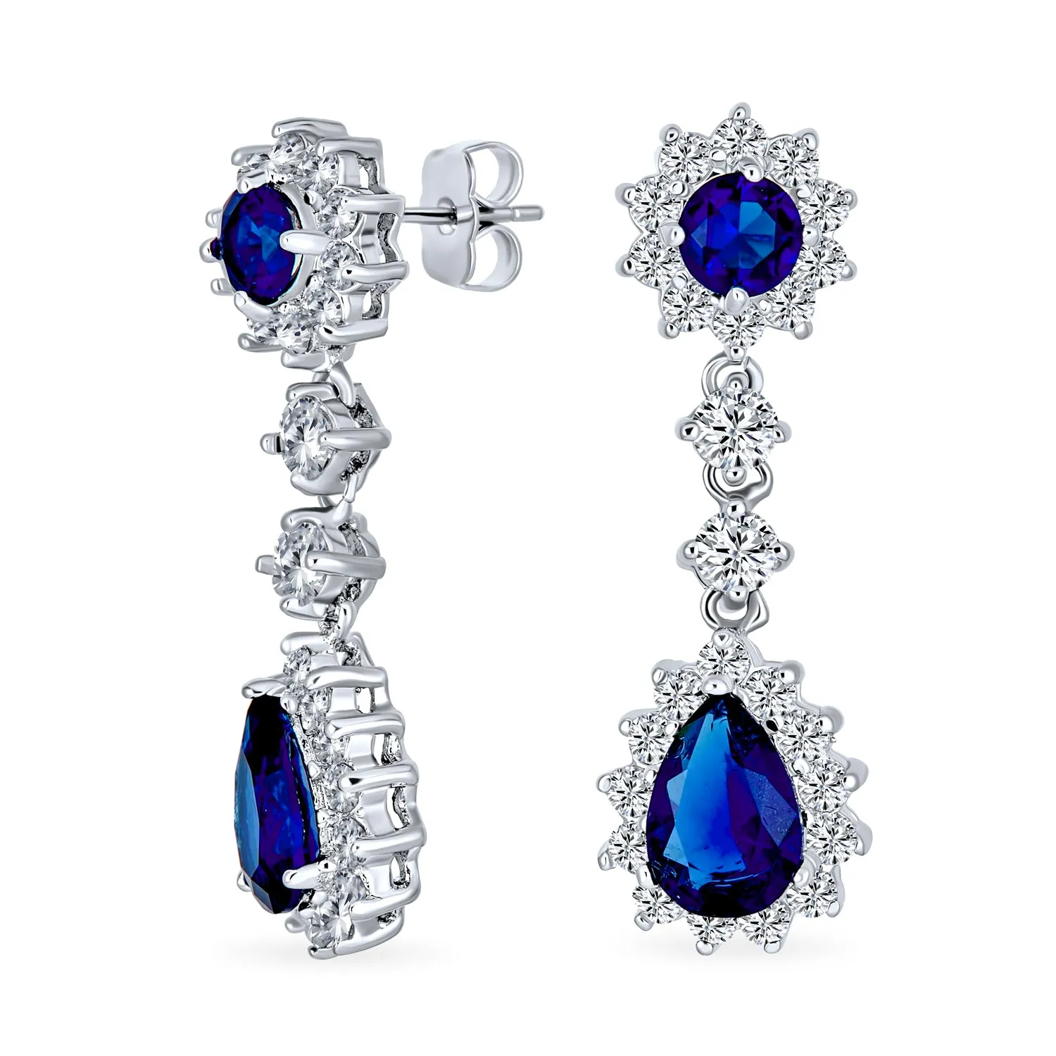 Vintage Bridal Necklace with Royal Blue Simulated Sapphire and CZ Halo Design