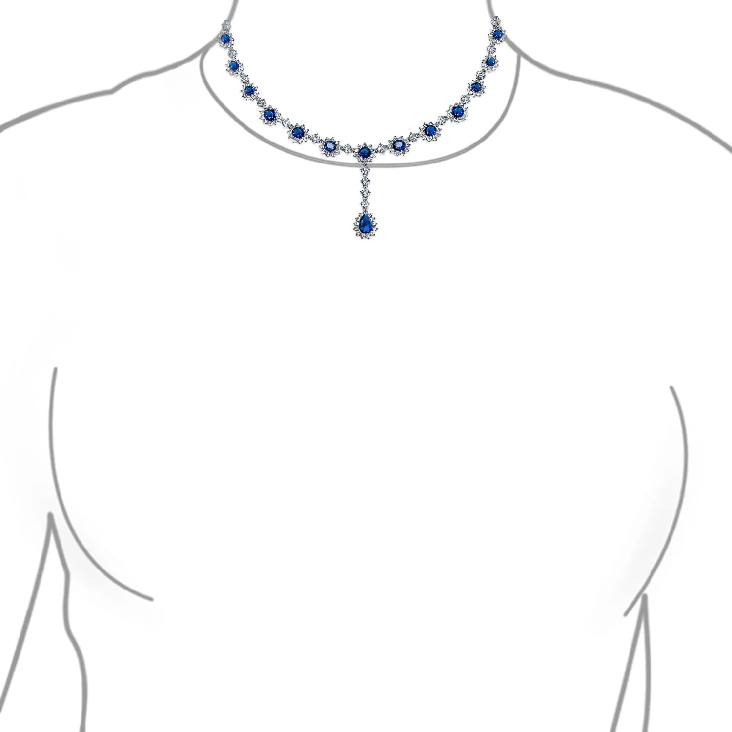 Vintage Bridal Necklace with Royal Blue Simulated Sapphire and CZ Halo Design