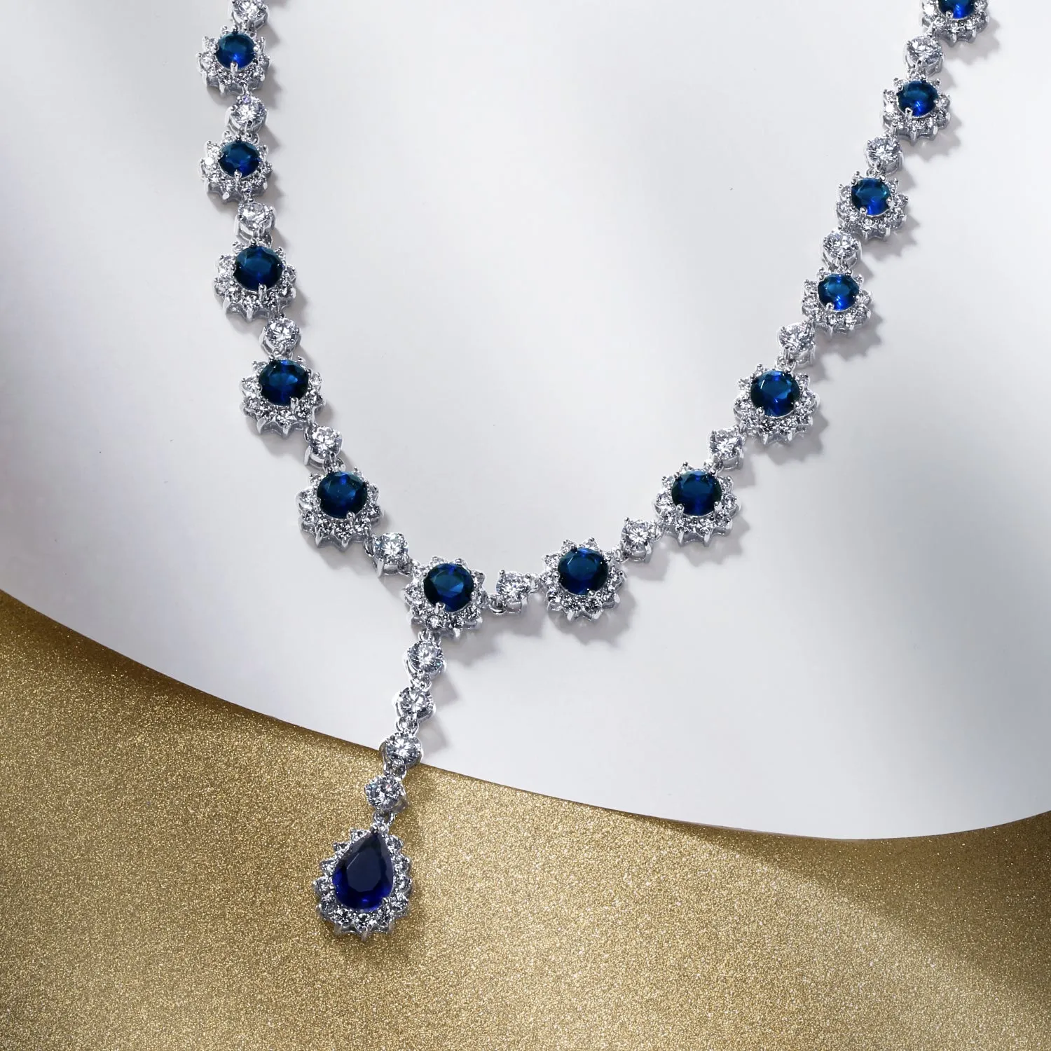 Vintage Bridal Necklace with Royal Blue Simulated Sapphire and CZ Halo Design