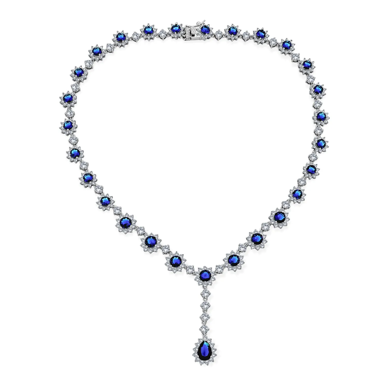 Vintage Bridal Necklace with Royal Blue Simulated Sapphire and CZ Halo Design