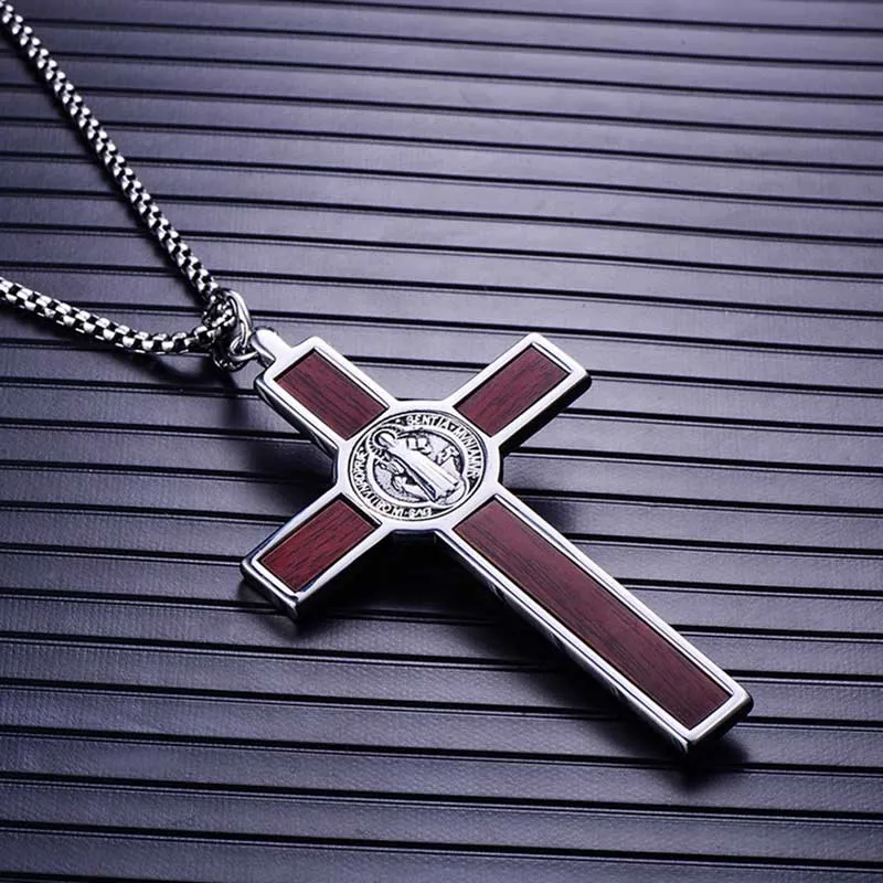 Vintage Large Jesus on Wood Cross Pendant Necklace