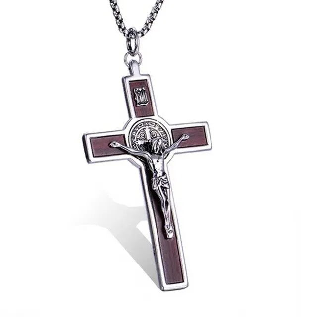 Vintage Large Jesus on Wood Cross Pendant Necklace