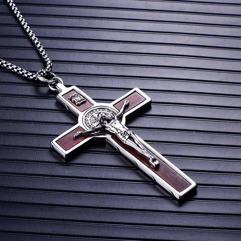 Vintage Large Jesus on Wood Cross Pendant Necklace