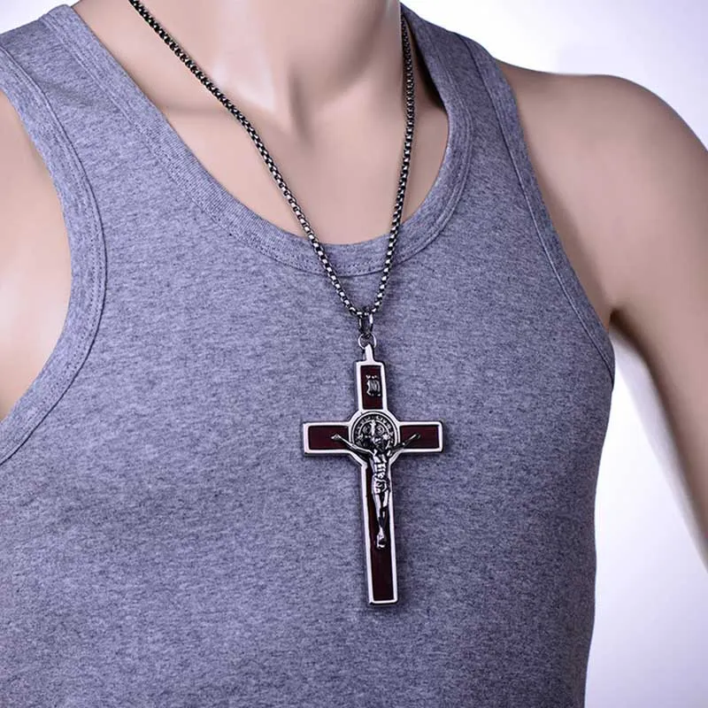 Vintage Large Jesus on Wood Cross Pendant Necklace