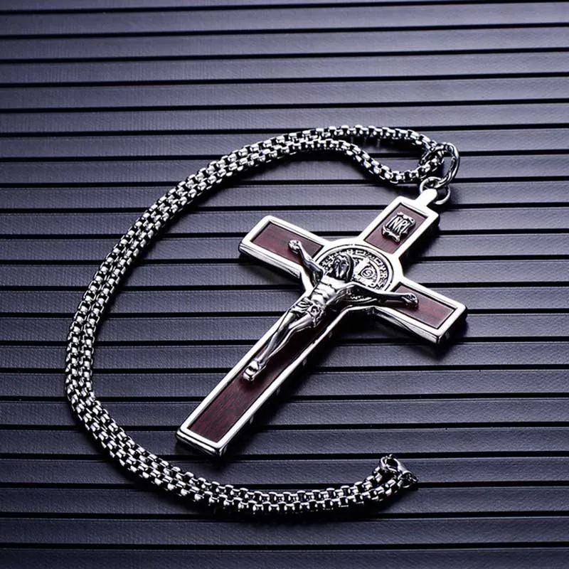 Vintage Large Jesus on Wood Cross Pendant Necklace