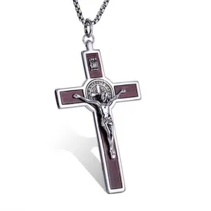 Vintage Large Jesus on Wood Cross Pendant Necklace