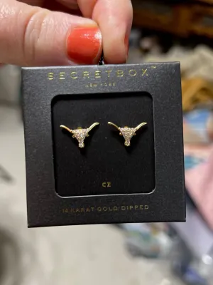 Western 14k Gold Dipped Longhorn Crystal Ear Studs - Multi