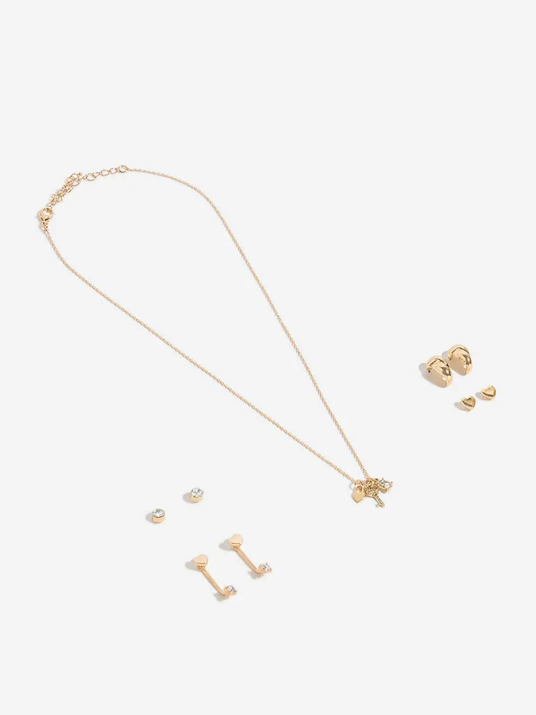 Westside Accessories Gold Lock and Key Charm Necklace and Earrings Set