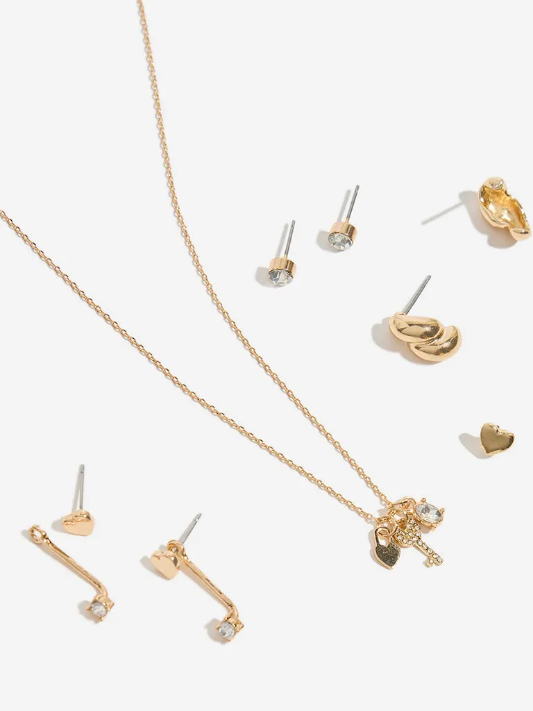 Westside Accessories Gold Lock and Key Charm Necklace and Earrings Set