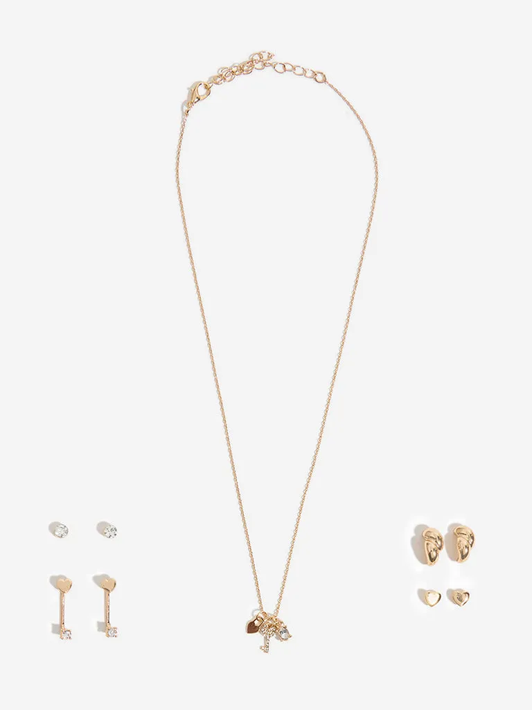 Westside Accessories Gold Lock and Key Charm Necklace and Earrings Set