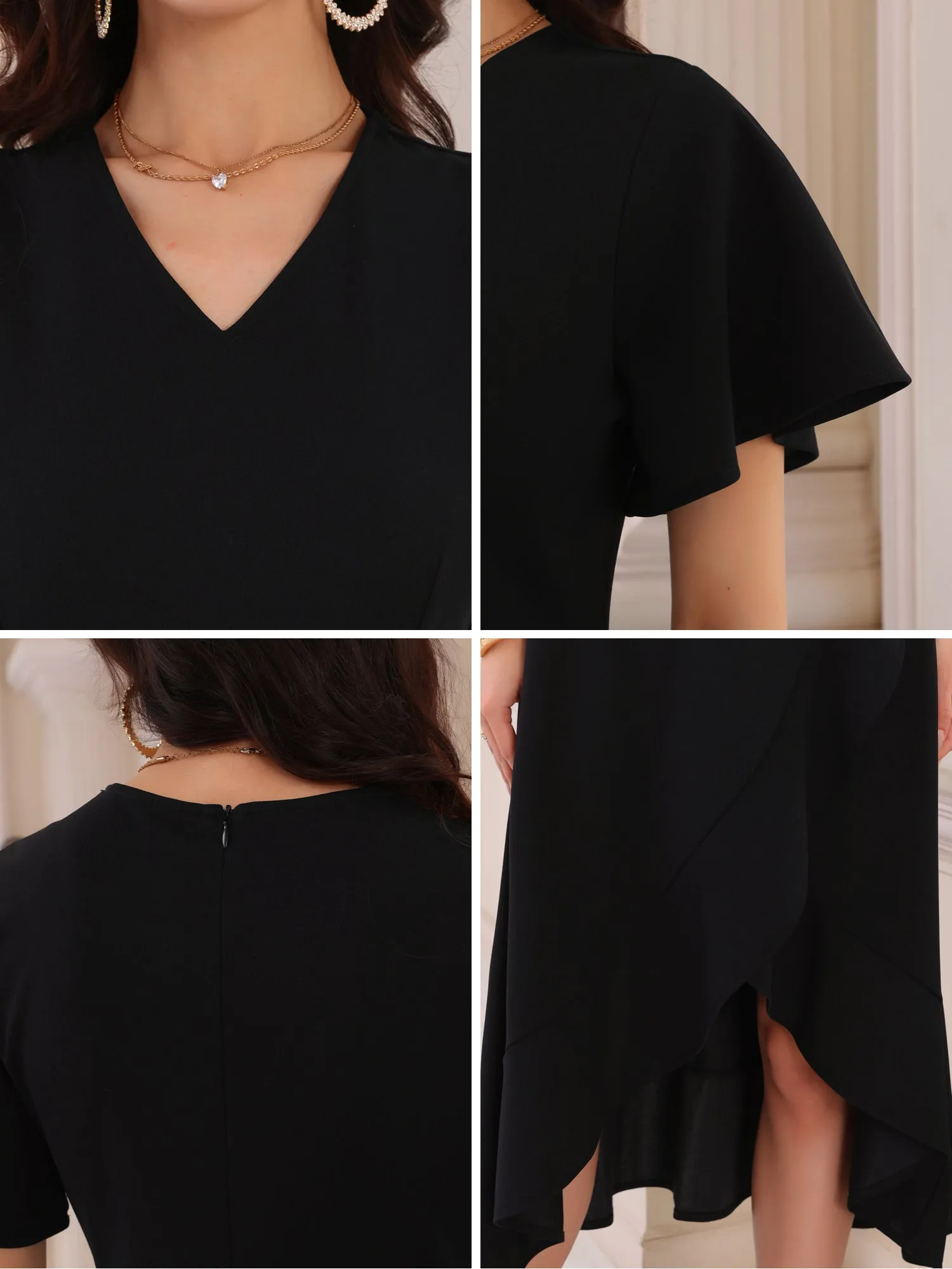 Women's Wedding Guest Dress Ruffles Split V Neck Cocktail Evening Flared Midi Dresses
