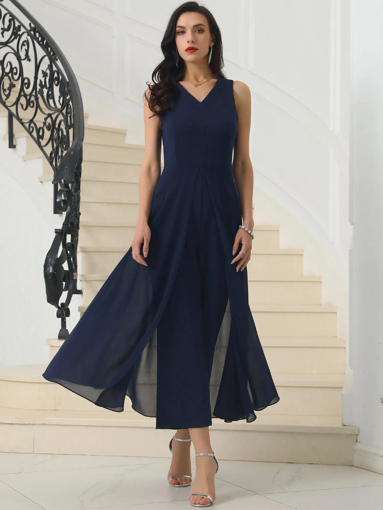 Women's Wide Leg Jumpsuits Chiffon V Neck Cocktail Sleeveless Jumpsuit