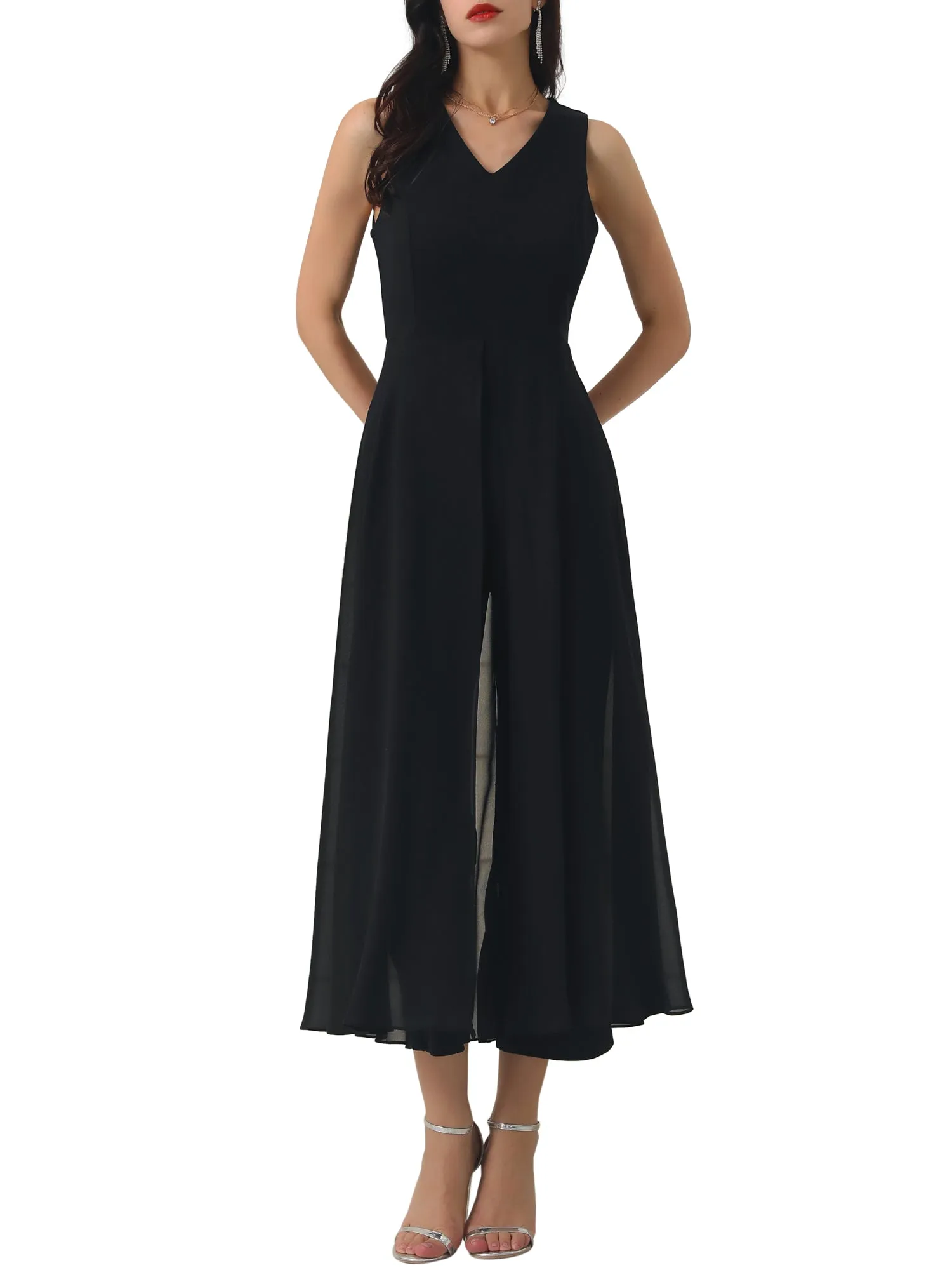 Women's Wide Leg Jumpsuits Chiffon V Neck Cocktail Sleeveless Jumpsuit