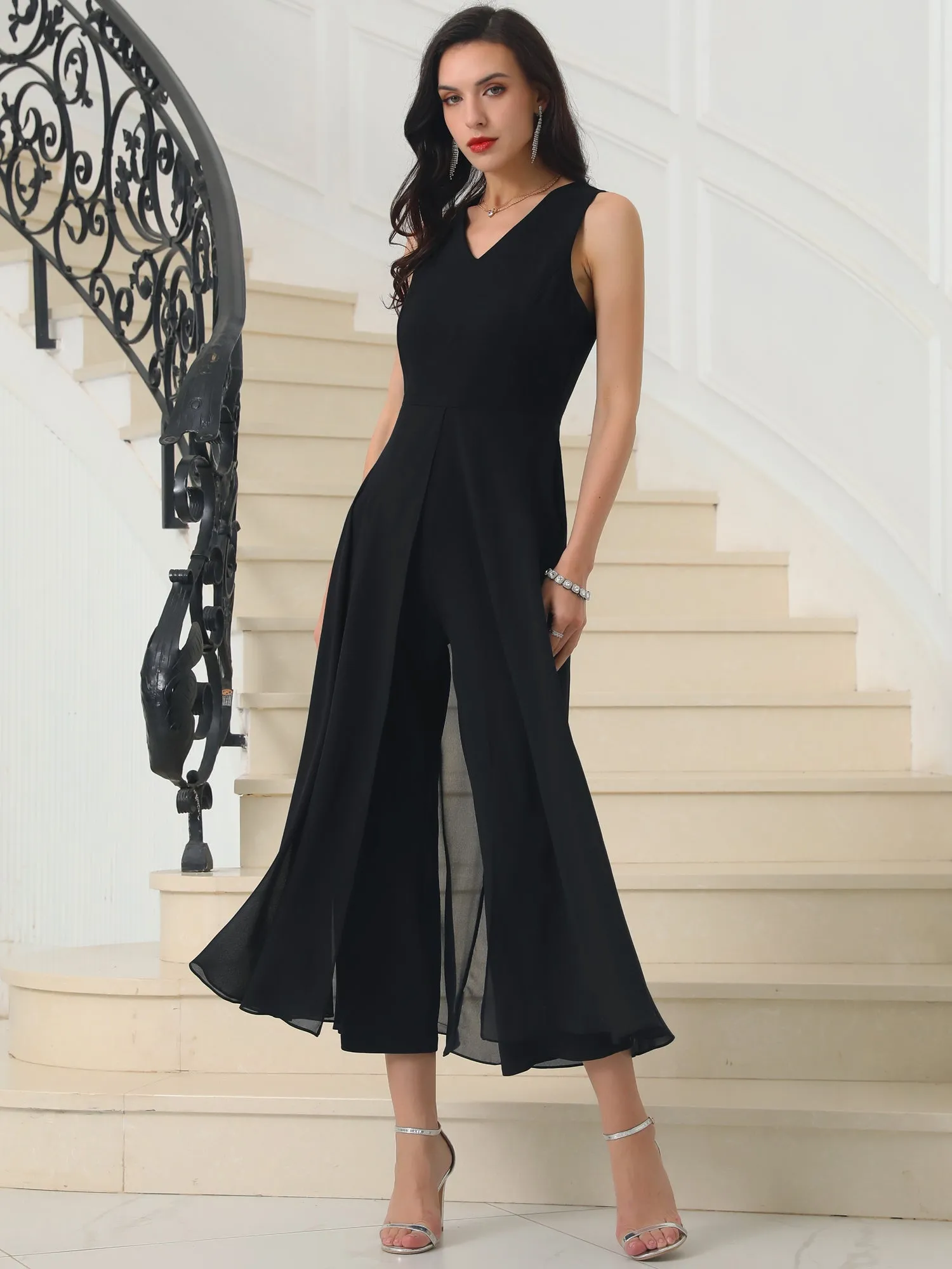 Women's Wide Leg Jumpsuits Chiffon V Neck Cocktail Sleeveless Jumpsuit