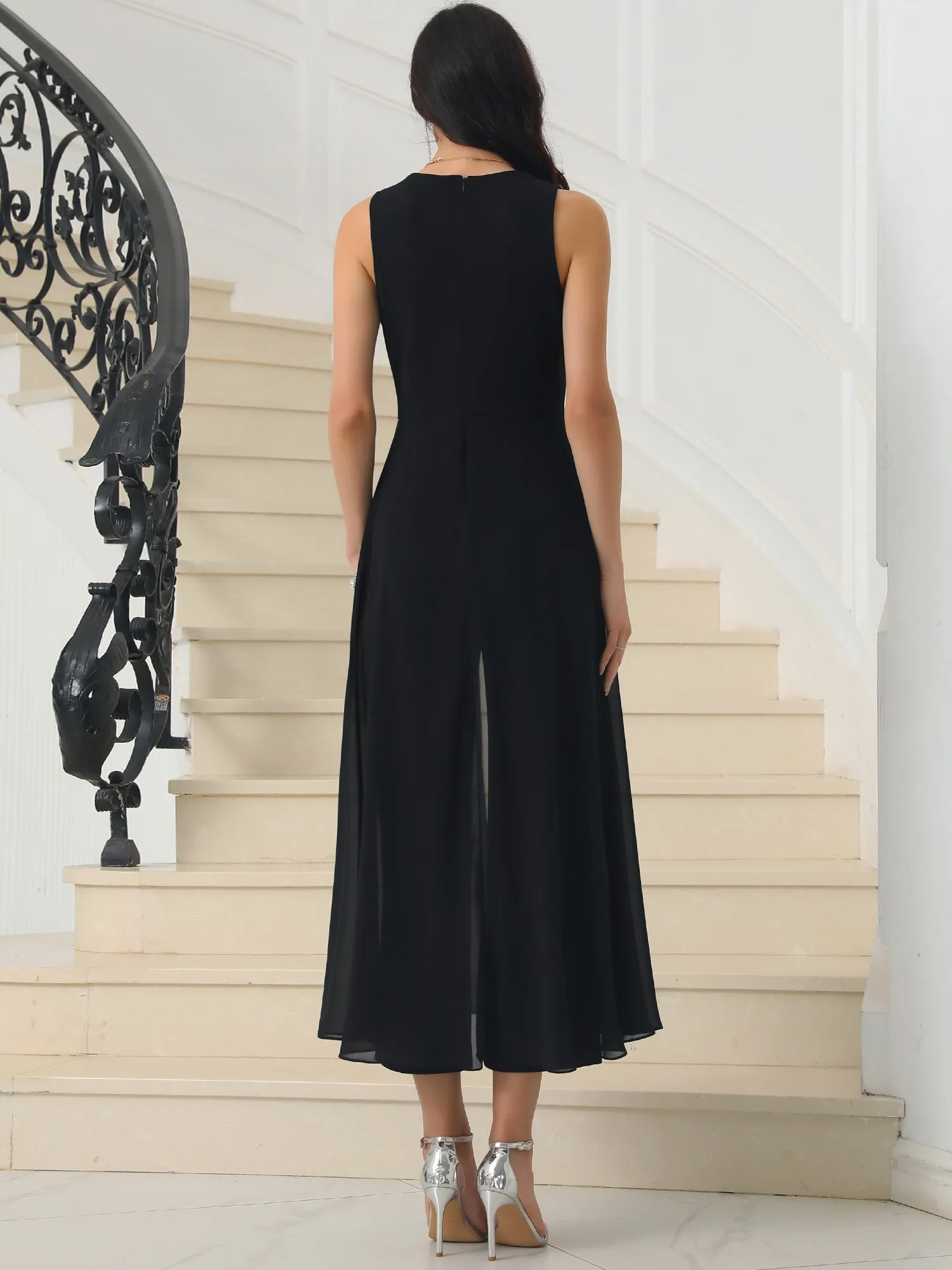 Women's Wide Leg Jumpsuits Chiffon V Neck Cocktail Sleeveless Jumpsuit