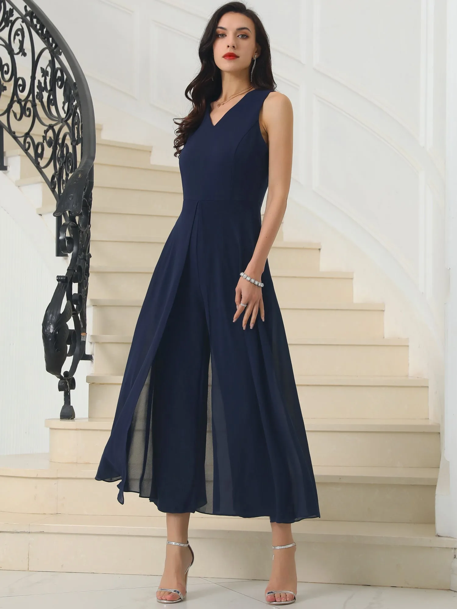 Women's Wide Leg Jumpsuits Chiffon V Neck Cocktail Sleeveless Jumpsuit
