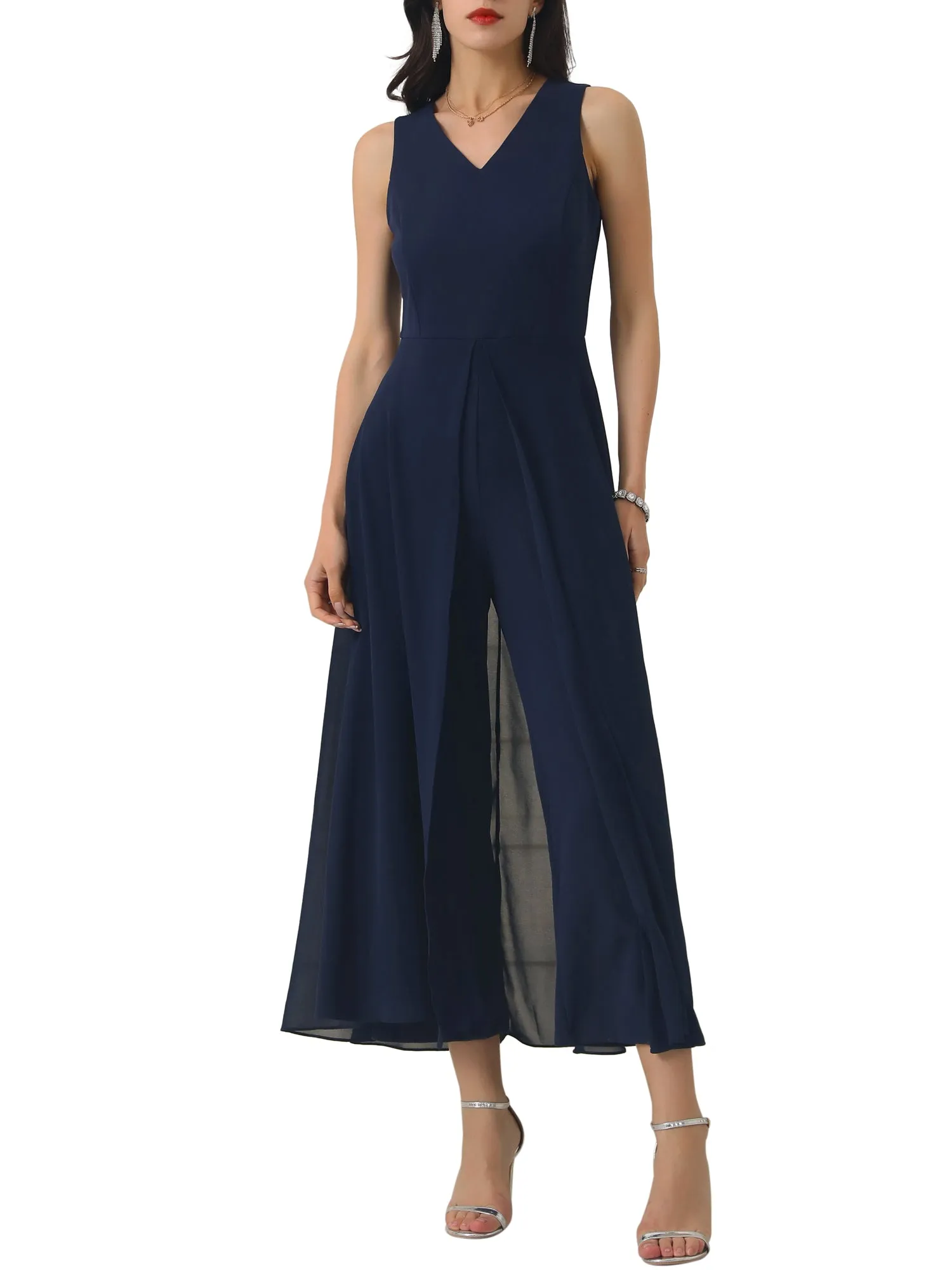 Women's Wide Leg Jumpsuits Chiffon V Neck Cocktail Sleeveless Jumpsuit